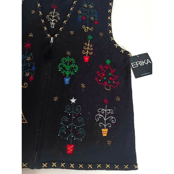 NWT Erika Knit XMAS Trees Vest Blk Cotton Embroidered w Beads Zip Front Sz M - Picture 3 of 9
